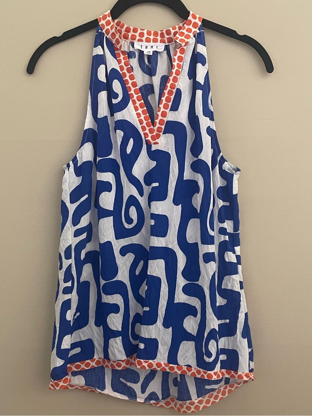 THML Bold Move Blue & White Abstract Halter V-Neck Tank Top Size XS
